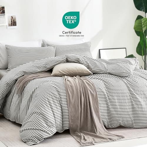 JELLYMONI 100% Natural Cotton 3pcs Striped Duvet Cover Sets,White Duvet Cover with Grey Stripes Pattern Printed Comforter Cover,with Zipper Closure & Corner Ties(Queen Size)