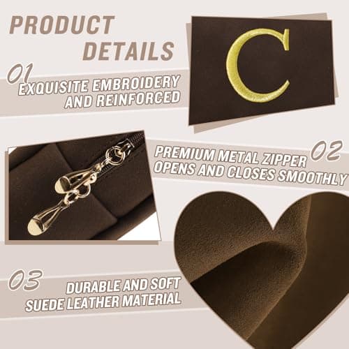 Personalized Initial Makeup Bag,Preppy Suede Cosmetic Bag for Teen Girls,Small Monogram Travel Toiletry Bag With Gold Embroidered Letter,Trendy Stuff Custom Christmas Gift for Women(Coffee-C) — view 2