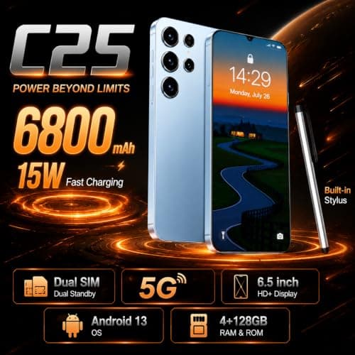 Echoamo C25 Unlocked 5G Smartphone, Android 13.0. (4GB+128GB, Black)