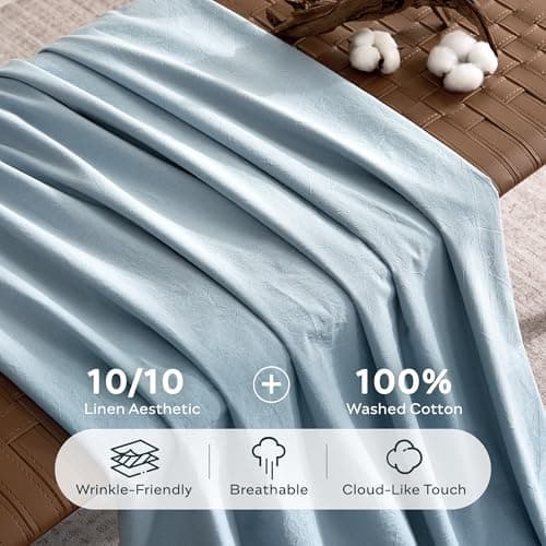 JELLYMONI 100% Washed Cotton Duvet Cover Queen – Soft, Breathable Linen-Look Bedding with Natural Wrinkle Texture, Button Closure, 3-Piece Set (Mist Blue, 90"x90") — view 2