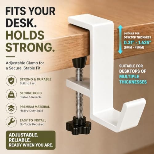 Headphone Stand - Aluminum Alloy Headphone Holder, Under Headset Stand for Desk Fit for PC Gaming Headset Hanger Hook Suitable for Office, Computer, Student Class Desk, Handmade Creator Table (White) — view 2