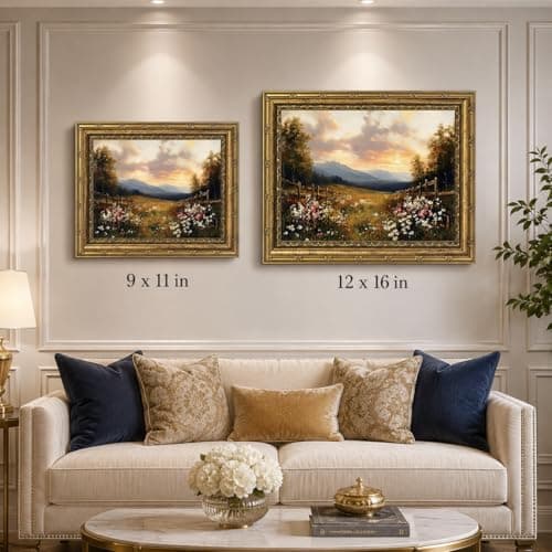 Vintage Gold Framed Wall Art, Retro Wildflower Canvas Print, Rustic Farmhouse Sunset Painting for Living Room, Bedroom, Office, 9x11 Inch — view 7