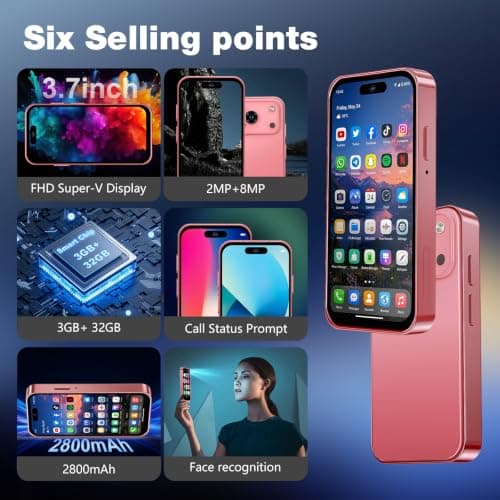 Pdfbenli Mini Phone for Kids, Unlocked Kid Phone, 3.7 HD Touch Screen, 3GB+32GB, 4G, Dual SIM, Face ID, Android 10.0, GPS, Kids Smart Phone (Pink)