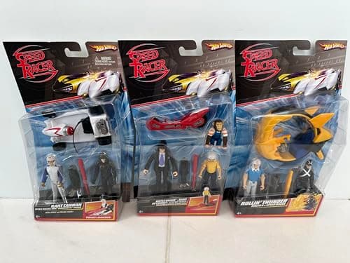 Hot Wheels Speed Racer Action Figure 2 Packs. Set of 3 Includes Rollin Thunder, Battle Board and Kart Cannon - Includes Speed Racer, Cannonball Taylor, Royalton, Spridle & Chim Chim