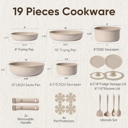 CAROTE 19pcs Pots and Pans Set Non Stick, Nonstick Cookware Set Detachable Handle, Induction Kitchen Cooking Sets with Removable Handle, RV Kitchen, Oven Safe, Taupe