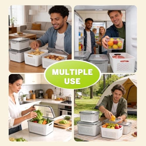 HOMETALL 5 Pack Fruit Storage Containers for Fridge, Plastic Fruit Containers for Fridge with Removable Colanders, Leakproof Fridge Organizers and Storage for Berry Vegetable Salad Lettuce Meat Food — view 6