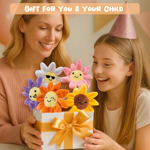 GERBIT Stuffed Animal Sunflower Plush Toys, 5 Pcs Mood Support Sunflower Plush and Plushies with Carry Basket, Funny Squeeze Toys Home Desk Decor Cheer up Doll Gift for Kids Adults Friends Her Sister — view 2