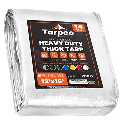 Tarpco Safety Extra Heavy Duty 14 Mil Tarp Cover, Waterproof, UV Resistant, Rip and Tear Proof, Poly Tarpaulin with Reinforced Edges for Roof, Camping, Patio, Pool, Boat (White 12′ X 16′)