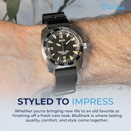 BluShark - Original Collection Military-Style Waterproof Watch Strap, Fits All Timepiece Brands, Durable Nylon Wristwatch Accessories, Black, 22mm, PVD Black Buckle — view 4
