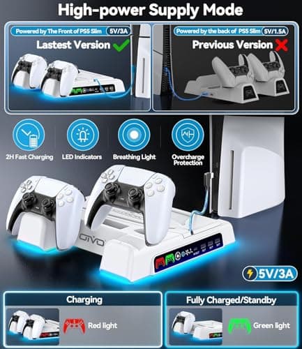 PS5 / PS5 Slim / PS5 Pro Stand and Cooling Station with LED Controller Charging Station for PlayStation 5 Console, PS5 Controller Charger, PS5 / PS5 Slim / PS5 Pro Accessories with 3 Level Cooling Fan — view 3
