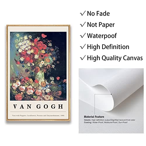 Framed Canvas Print Wall Art Van Gogh Vase with Poppies Cornflowers Peonies & Chrysanthemums Painting Reproduction Ready To Hang Living Room Bedroom Kitchen Office Home Decor 16"x 24" Natural Framed — view 5