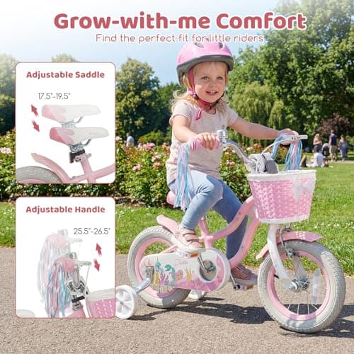 BABY JOY Kids Bike, 12" 14" 16" 18" Mermaid Girls Bike for 3-8 Years Old w/Basket, Training Wheels, Hand & Coaster Brakes, Adjustable Seat & Handlebar, Children Bicycle (Pink,12") — view 3