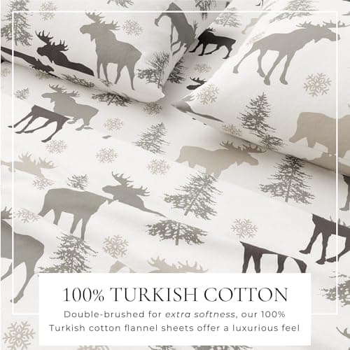 Extra Soft 100% Turkish Cotton Flannel Sheet Set. Warm, Cozy, Luxury Winter Bed Sheets. Stratton Collection (Queen, Moose)