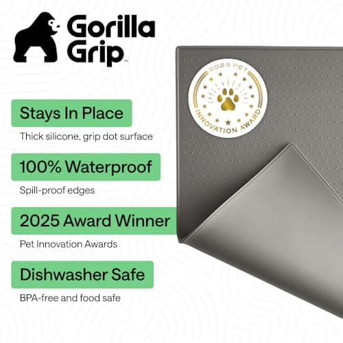 GORILLA GRIP Silicone Pet Feeding Mat, Waterproof, Raised Edges to Prevent Spills, Easy Clean in Dishwasher, Dogs and Cats Placemat Tray to Stop Food and Water Bowl Messes on Floor, 18.5x11.5, Gray