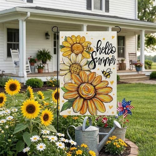CROWNED BEAUTY Hello Summer Garden Flag Sunflowers 12x18 Inch Double Sided Small Floral Seasonal Holiday Decoration for Outside Yard — view 3