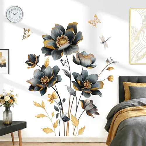 wondever Black Gold Flowers Wall Stickers 3D Floral Butterfly Peel and Stick Wall Art Decals for Living Room Bedroom Sofa TV Background
