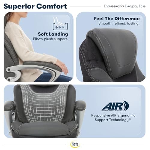 Serta Bryce Executive Office Chair - Ergonomic Computer Desk Chair with Patented AIR Lumbar Technology - Adjustable Height - Memory Foam Body Pillows - 360° Swivel Rolling Base - Bonded Leather - Gray — view 4