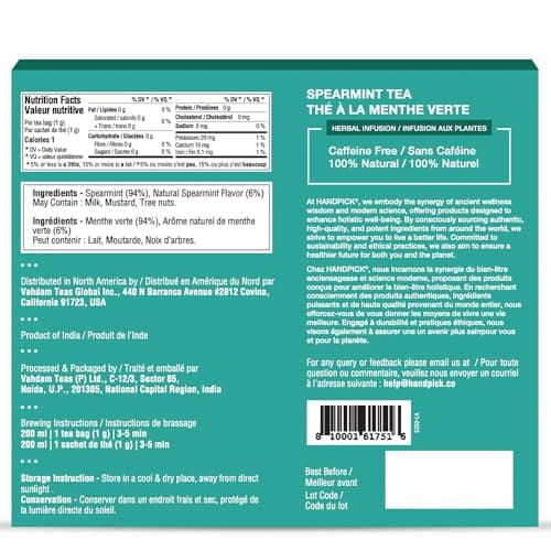 HANDPICK, Spearmint Tea Bags (100 Herbal Tea Bags) | Refreshing Mint Tea | Non-GMO, Gluten Free | Round Eco-Conscious Teabags