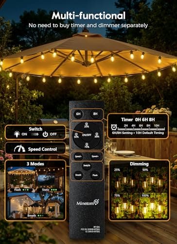 Minetom 100FT Solar-String-Lights-Outdoor-Waterproof, 31+2LED S14 Shatterproof Bulb, Patio Lights with Remote Type-C Port Timable, 3 Light Modes Dimmable Solar String Lights for Outside, Yard, Camping — view 3