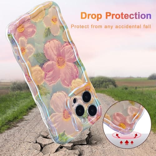 EYZUTAK Case for iPhone 13 Pro Max, Colorful Retro Oil Painting Flower Laser Glossy Pattern Cute Curly Waves Border Exquisite Phone Cover Stylish Durable TPU Protective Case for Girls Women - Green — view 2