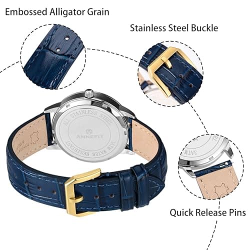 ANNEFIT Quick Release Watch Band, Embossed Alligator Grain Leather Watch Strap with Gold Buckle, Replacement Bands Width 16mm (Blue) — view 2
