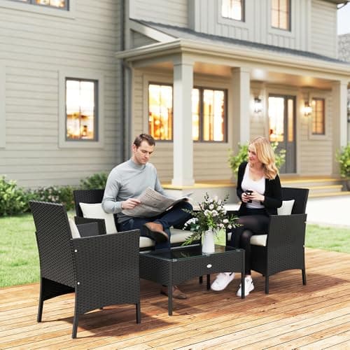 Outsunny 4-Piece Patio Furniture Set, Outdoor Conversation Set with Washable Cushions, Tempered Glass Tabletop, PE Rattan Wicker Chairs & Sofa for Porch, Lawn, Porch, Pool