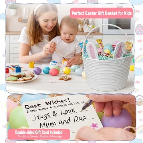 BEIYANA Easter Basket for Kids, Cute Bunny Easter Basket with Removable Ears & Writable Name Tag, Personalized Cotton Rope Woven Empty Easter Basket, First Easter Gift for Toddlers Boys Girls (Pink) — view 5