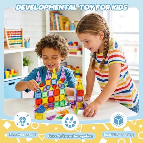 cossy Mini Magnetic Tiles, 60 PCS Magnet Tiles Travel Toys with Iron Box, Travel Magnetic Tiles for Restaurant, Car & Plane Play, Toys for 3 4 5 6 7 8 Year Old Boy and Girl — view 4