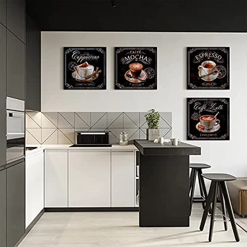Coffee Wall Art Kitchen Decor Vintage Coffee Bar Wall Decor Black Brown Coffee Theme Dining Room Canvas Pictures Cafe Bean Cup Painting Artwork Restaurant Table Shop Family Home Decoration 12x12" 4Pcs