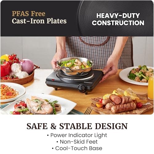 Elite Gourmet Countertop Electric Burner, 1000W Cast Iron Hot Plate, 7 Heat Settings, Portable Cooktop for RV, Dorm, Office & Small Kitchens, Road-Ready & Compact — view 5