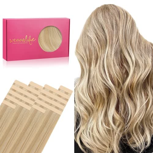 WENNALIFE Tape in Hair Extensions for Women, 20pcs 50g 16 inch Light Blonde Highlighted Golden Blonde Tape in Hair Extensions Human Hair Rallonge Cheveux Humain Straight Invisible Hair Extensions Real Human Hair