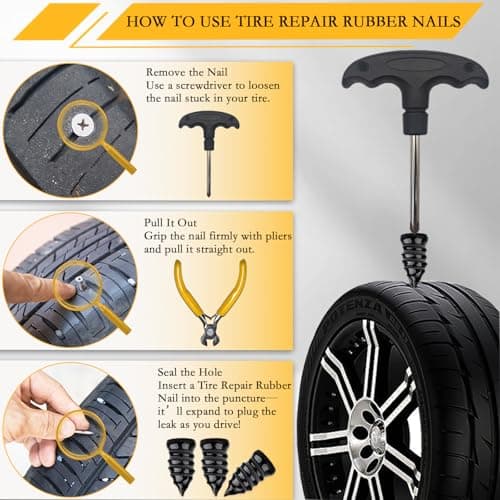 60Pcs Tire Repair Rubber Nails Kit with 4 Sizes, Tire Plugs Screw Type, Vacuum Tire Repair Rubber Nail, Screw in Tire Repair Plugs, Quick Self-Service Tire Repair Tools for Car, Motorcycle, Truck. — view 2
