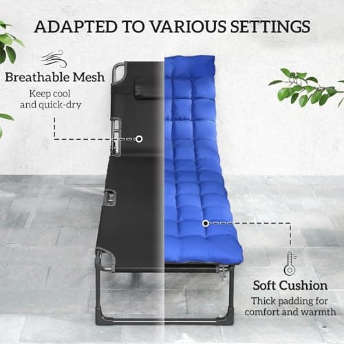 Outsunny Lounge Chair Outdoor Set of 2, 29.5" Wide Folding Chaise Lounge Tanning Chair, 5-Position Beach Patio Lounger Camping Cot Bed with Cushion, Side Pocket, Dark Grey/Blue — view 5