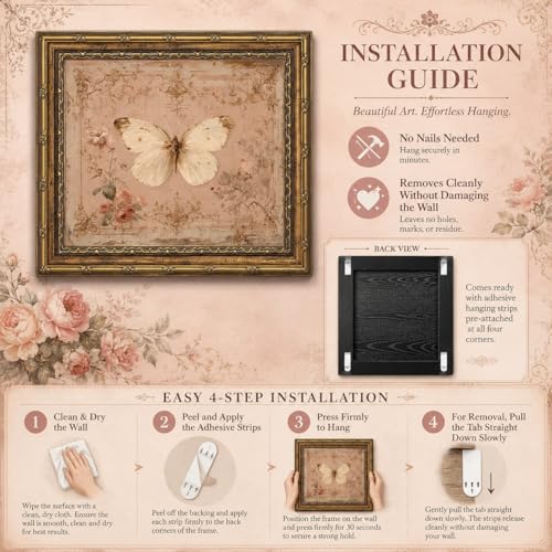 Gold Framed Wall Art Vintage Butterfly Canvas Wall Art White Moth Moody Rustic Insect Artwork Prints Picture for Living Room Bedroom Farmhouse Bathroom Office Decor, 11" L x 9" W — view 2