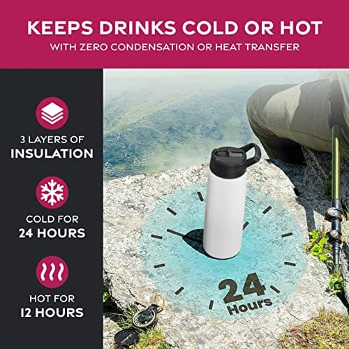 FineDine Water Bottle - Stainless Steel Insulated Water Bottle with Straw Lid, Flip Lid & Wide-Mouth Cap - Keeps Hot and Cold - 25 Oz / 739ml - Pure Pearly White — view 2