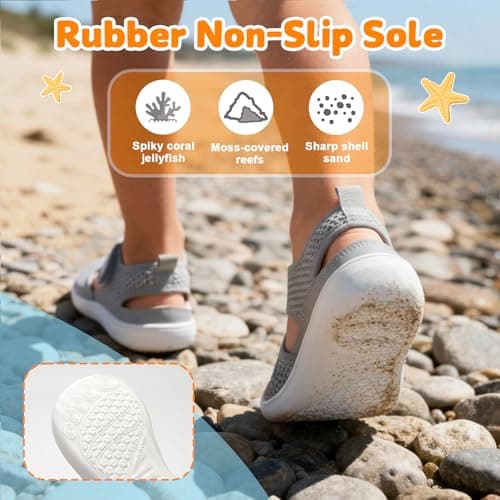JOINFREE Toddler Water Shoes Boys Girls Wide Toe Box Barefoot Kids Sandals Quick-Dry Mesh Aqua Sneakers Non-Slip Closed Toe Beach Pool Splash Pad Walking Shoes for Kid Grey 7 Toddler