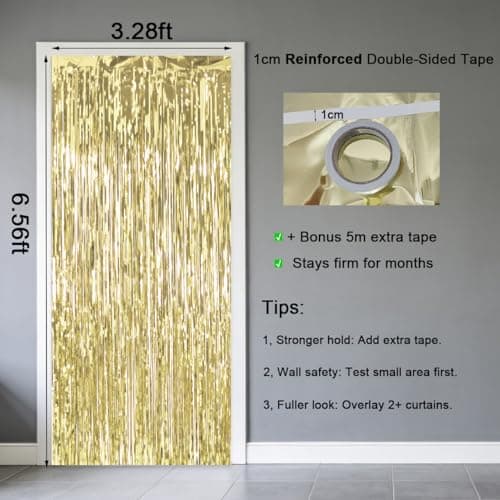 2 Pack Thickened Light Gold Metallic Foil Fringe Curtains Streamer Rip Resistant Shimmer Tinsel Photo Booth Backdrop for Birthday Wedding Christmas Bachelorette Party Decorations 3.28ft x 6.56ft — view 5