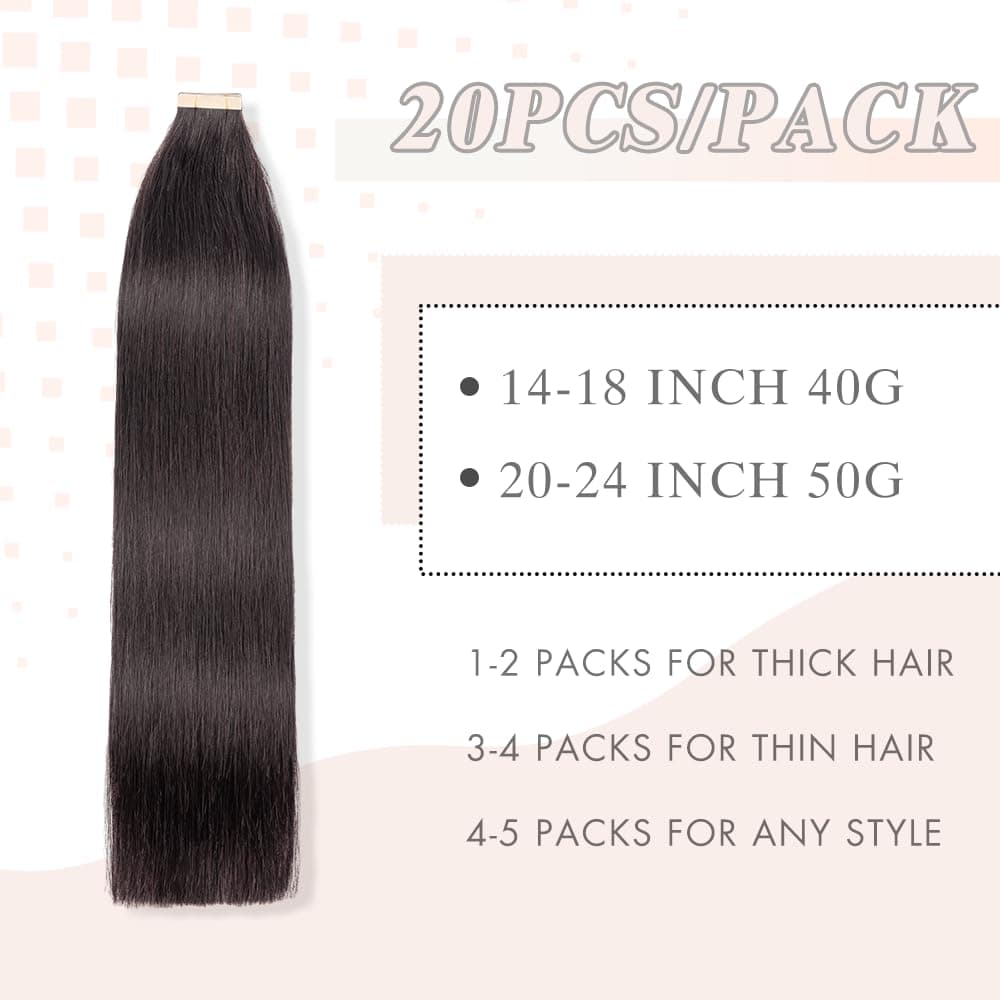 YDDM Extensiones Adhesivas Pelo Natural 20pcs 35cm 40g Negro - Extensiones De Cabello Humano (14 Pulgadas, 1B#) — view 2