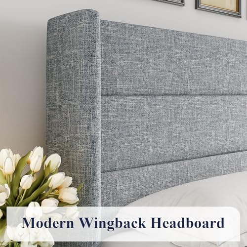 Allewie Queen Size Lift Up Storage Bed, Modern Wingback Headboard, Hydraulic Support, No Box Spring Needed, Grey Blue — view 3