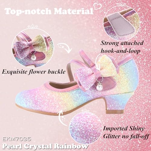 EIGHT KM Girls High Heel Dress Shoes Mary Jane Princess Wedding Party Pump Shoes EKM7035 Sparkle Glittery Crystal Pearl Bow Rainbow US Toddler Size 8 — view 4