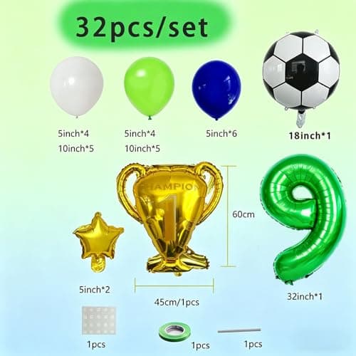 Soccer Trophy Green Number 9 Balloon Column Set (1-9 Age Variants) - Football World Cup Decoration for 9 Year Old Boy Birthday, Soccer Champion Sports Themed 9th Party Decorations (Green 9)