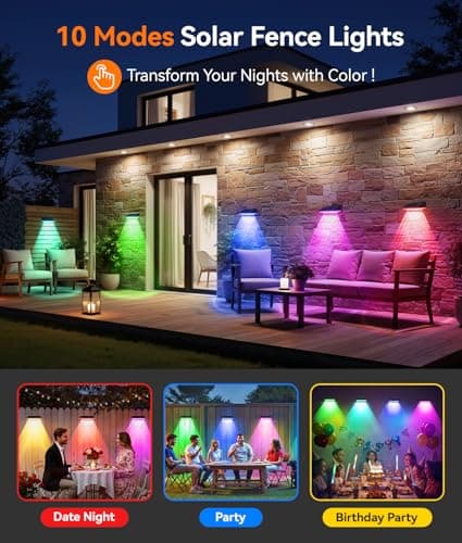 LETMY Solar Fence Lights Outdoor Waterproof, 8 Pack Warm White & 9 Fixed Colors & Color Changing Fence Lights Solar Powered, Solar Lights Outdoor Fence for Outside Backyard Railing Patio Wall Deck