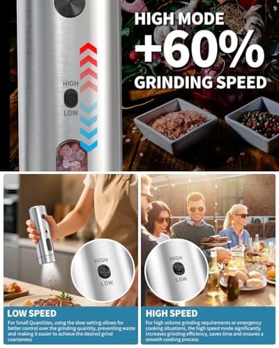 CIRCLE JOY Electric Salt and Pepper Grinder Set with Rechargeable Base Upgraded Stainless Steel Automatic Salt and Pepper Shakers with 2 Grinding Speeds, External Adjustment and 110ml Capacity, Silver