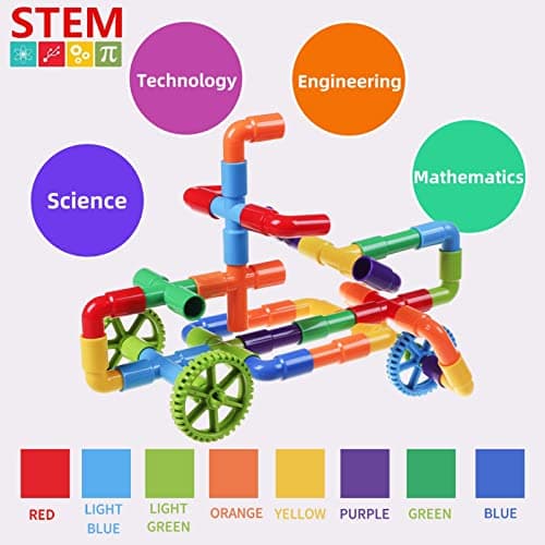 burgkidz STEM Learning Pipe Tube Toy, Sensory Toys, Tube Locks Construction Building Blocks, Educational STEM Building Learning Toys with Wheels Baseplate for All Ages Kids Boys Girls, 188 Pcs — view 2