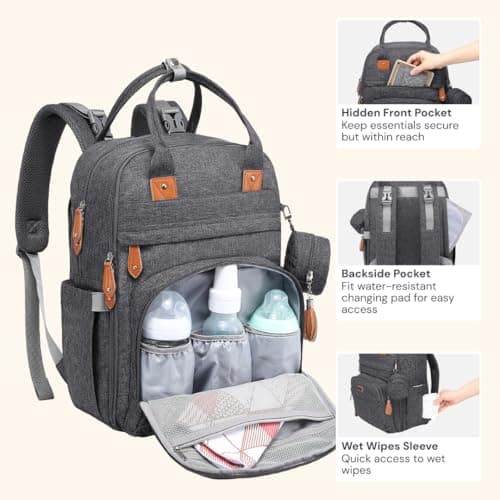 BabbleRoo Diaper Bag Backpack - Baby Essentials Travel Tote - Multi Function Water Resistant Diaper Bag, Travel Essentials Baby Bag with Changing Pad, Stroller Straps & Pacifier Case - Dark Gray — view 4