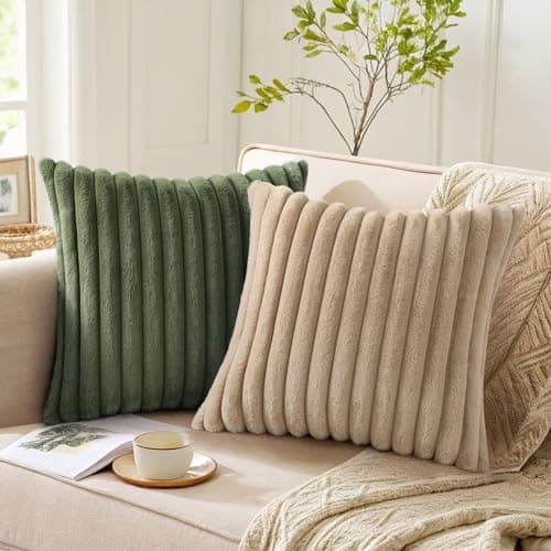 Pallene Faux Fur Plush Throw Pillow Covers 18x18 Set of 2, Luxury Soft Fluffy Striped Decorative Pillow Covers for Sofa, Couch, Living Room, Olive Green — view 4
