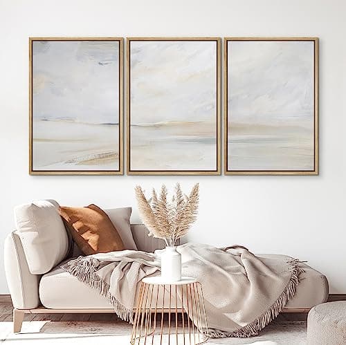 NWT Framed Canvas Print Wall Art Set Watercolor Pastel Misty Sand Dune Landscape Nature Wilderness Illustrations Modern Art Decorative Minimalist Multicolor Moody for Bedroom - 24"x36"x3 Natural — view 3