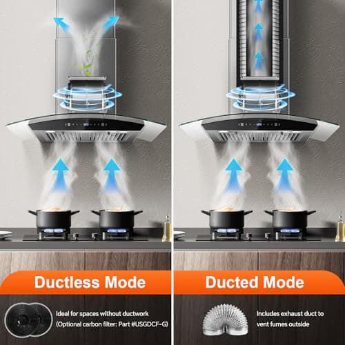 Range Hood 30 Inch, Tieasy Wall Mount Kitchen Hood with Ducted/Ductless Convertible Duct, Stainless Steel Chimney and Baffle Filters, Touch Control Fan Timer, LED Lights, 3 Speed Fan — view 5