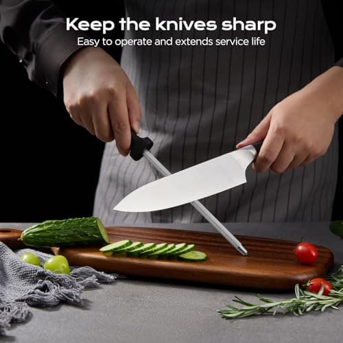 14 PCS Knife Set with Oak Wood Block,High Carbon Stainless Steel Kitchen Knife Set with Chef Knife, Santoku, Bread, Paring,Steak Knives, Kitchen Shears Sharp Knife Block Set with Sharpener — view 3