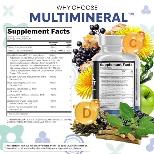 Clean Nutraceuticals Sea Moss Black Seed Oil Ashwagandha Turmeric Bladderwrack Burdock & Vitamin C Vitamin D3 with Elderberry Manuka Dandelion Yellow Dock Iodine Chlorophyll ACV — view 4